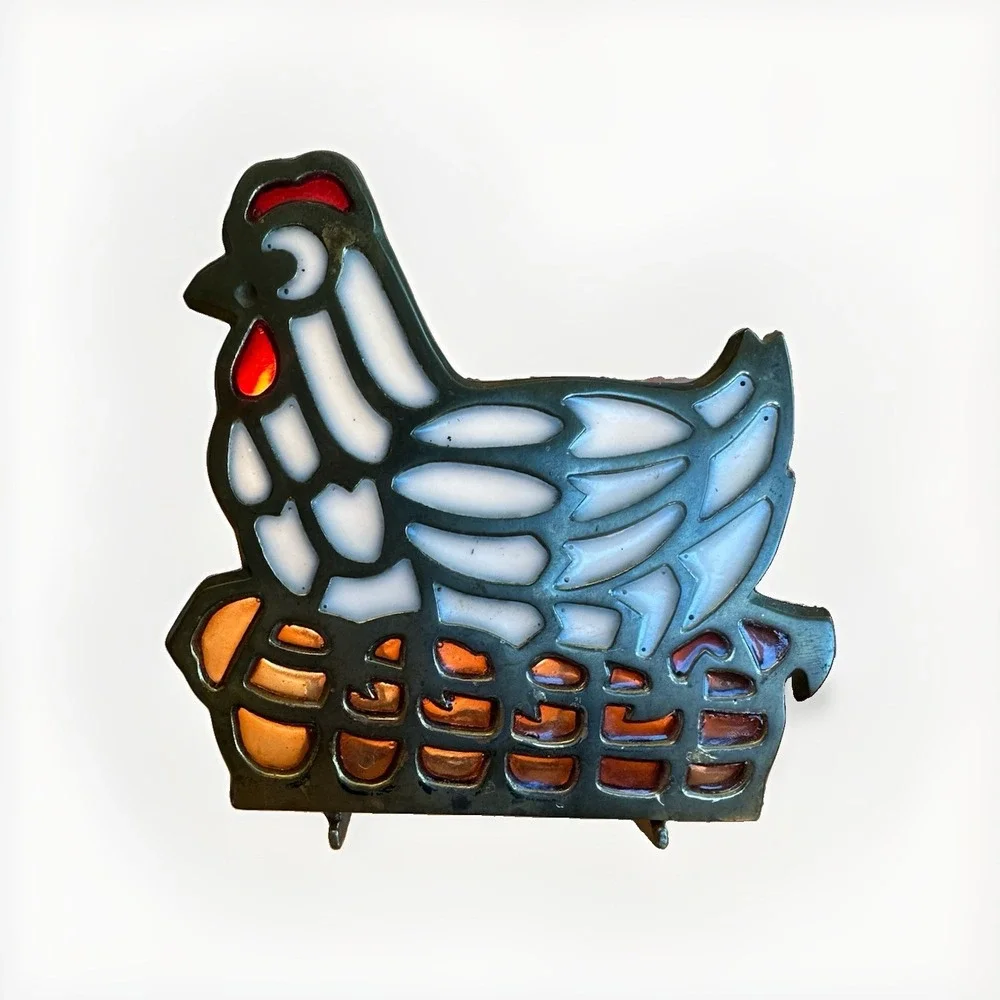 Vintage Chicken Hen Stained Glass Brass Napkin Holder Letter Coaster Holder